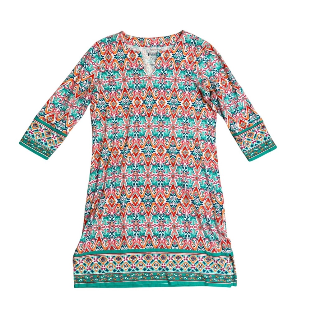 Coolibar Oceanside Tunic Dress Small UPF 50+ Sun Protection Ikat Geometric Coral